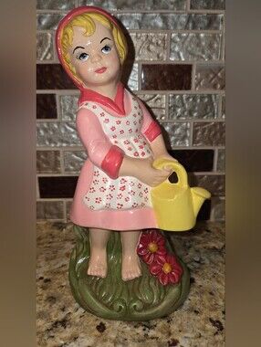 VTG Gare Inc 1972 Pink Ceramic Girl Figurine with Yellow Watering Can Size 7"